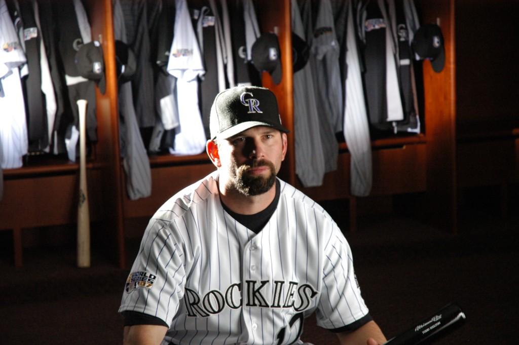 Todd Helton interview in the Colorado Rockies locker room, lighting by Tommy Cheatham